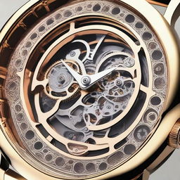 Create a detailed and elegant design for a skeleton watch, showcasing the intricate inner workings and mechanical parts