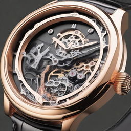 Create a detailed and elegant design for a skeleton watch, showcasing the intricate inner workings and mechanical parts