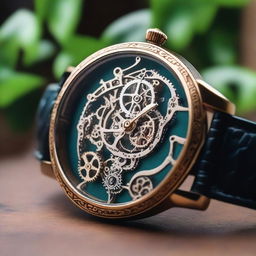 Create an intricate and beautiful skeleton watch with detailed gears and mechanisms, set inside a cozy house in a forest