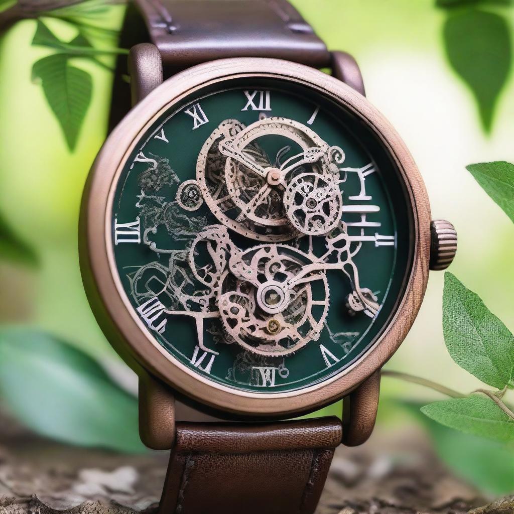 Create an intricate and beautiful skeleton watch with detailed gears and mechanisms, set inside a cozy house in a forest