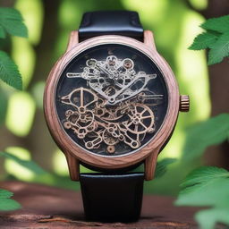 Create an intricate and beautiful skeleton watch with detailed gears and mechanisms, set inside a cozy house in a forest