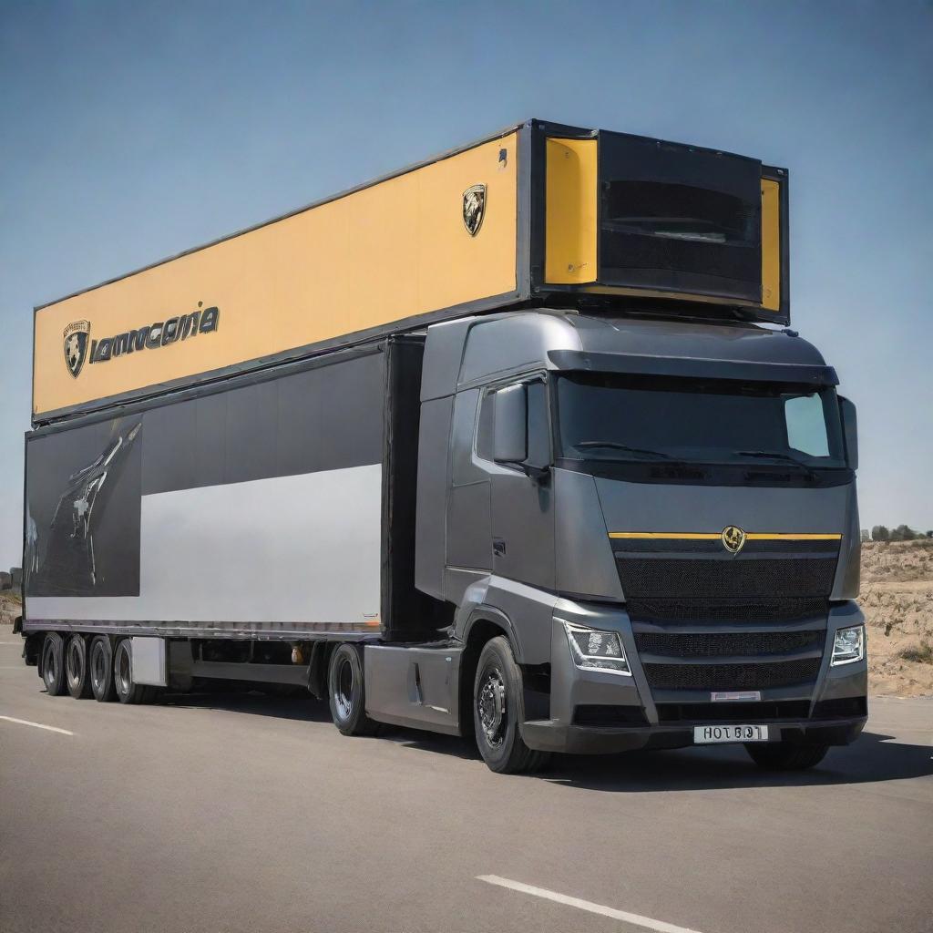 A Lamborghini car transformed into a stylish trailer truck, effortlessly blending the signature sleekness and power of the Lamborghini brand with the functionality and size of a semi-truck.