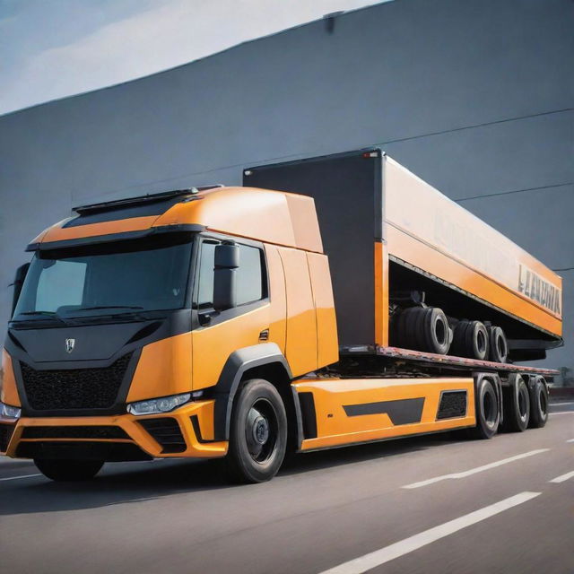 A Lamborghini car transformed into a stylish trailer truck, effortlessly blending the signature sleekness and power of the Lamborghini brand with the functionality and size of a semi-truck.