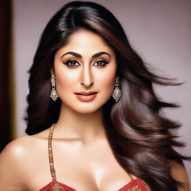 Create an image of Kareena Kapoor, the famous Bollywood actress, emphasizing her physical features, specifically with an exaggerated bust size