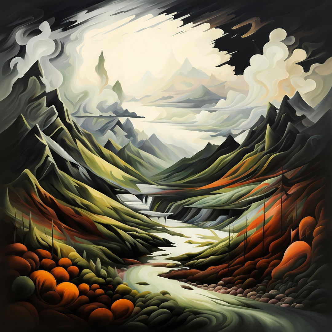 A semi-abstract image of the Romanian mountains, featuring jagged peaks, dense forests, and winding rivers in a palette of deep greens, blues, and earthy browns, blending realistic and abstract elements