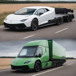 A Lamborghini car transformed into a stylish trailer truck, effortlessly blending the signature sleekness and power of the Lamborghini brand with the functionality and size of a semi-truck.