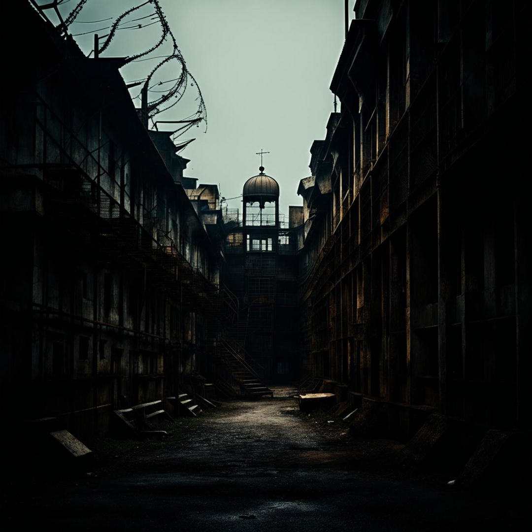 An evocative depiction of a Romanian prison with a dark, oppressive atmosphere