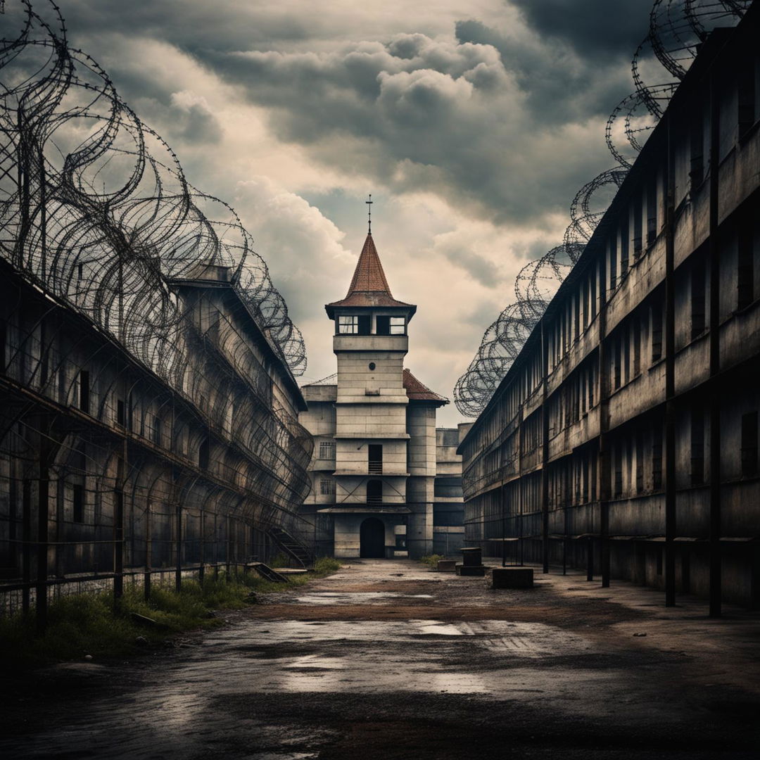 An evocative image of a Romanian prison, featuring stark architecture, high walls, barbed wire, and a muted color palette to convey isolation, confinement, and bleakness