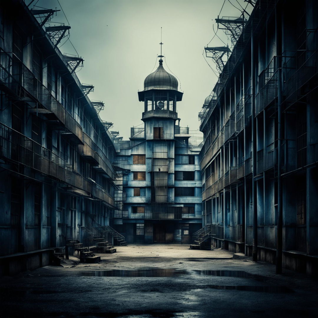 A somber depiction of a Romanian prison, featuring high walls with barbed wire, narrow barred windows, guard towers, and dimly lit corridors, using muted, cold colors to emphasize the bleak atmosphere