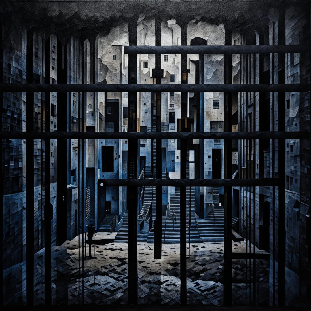 An abstract image of a prison in Romania, using dark, muted colors and abstract forms to suggest bars, cells, and walls