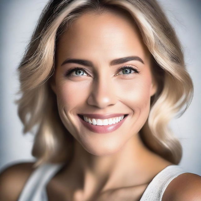 A portrait of the most beautiful woman in the world, with flawless skin, striking eyes, and a radiant smile