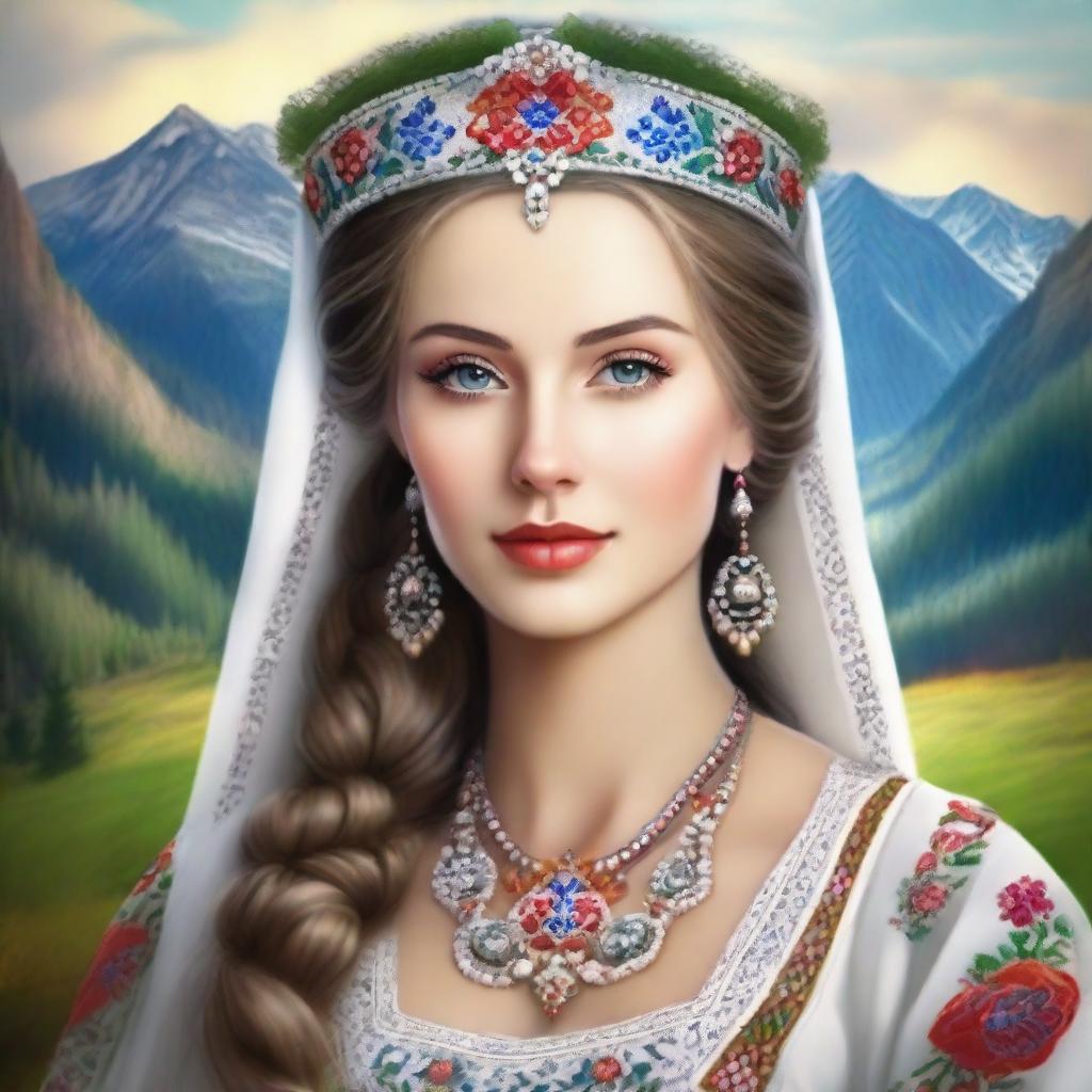 Create an image of the most beautiful Slavic woman, with traditional Slavic features, dressed in elegant traditional attire