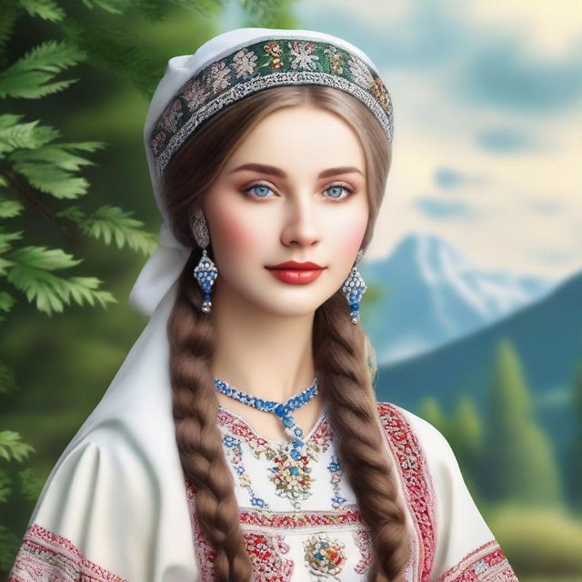 Create an image of the most beautiful Slavic woman, with traditional Slavic features, dressed in elegant traditional attire