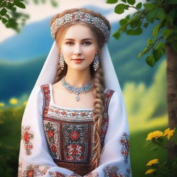 Create an image of the most beautiful Slavic woman, with traditional Slavic features, dressed in elegant traditional attire