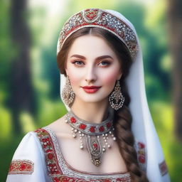 Create an image of the most beautiful Slavic woman, with traditional Slavic features, dressed in elegant traditional attire