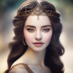 Create an image of a 22-year-old woman with a model-like face and brown hair, depicted as a beautiful goddess