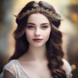 Create an image of a 22-year-old woman with a model-like face and brown hair, depicted as a beautiful goddess