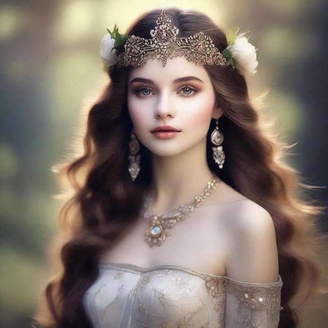 Create an image of a 22-year-old woman with a model-like face and brown hair, depicted as a beautiful goddess