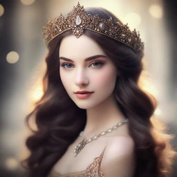 Create an image of a 22-year-old woman with a model-like face and brown hair, depicted as a beautiful goddess