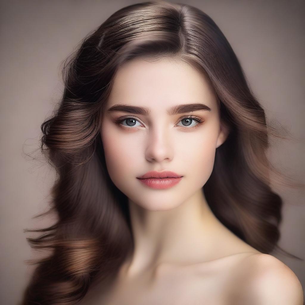 Create an image of a 22-year-old woman with a model-like face and brown hair