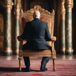 A back view of a bald man in a suit sitting on a throne-like chair