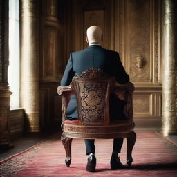 A back view of a bald man in a suit sitting on a throne-like chair