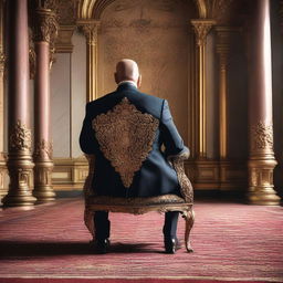 A back view of a bald man in a suit sitting on a throne-like chair