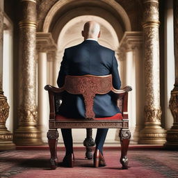 A back view of a bald man in a suit sitting on a throne-like chair