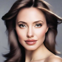 Create an image of a 22-year-old woman with a model-like face similar to Angelina Jolie, and brown hair