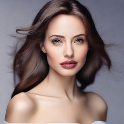 Create an image of a 22-year-old woman with a model-like face similar to Angelina Jolie, and brown hair