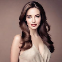 Create an image of a 22-year-old woman with a model-like face similar to Angelina Jolie, and brown hair