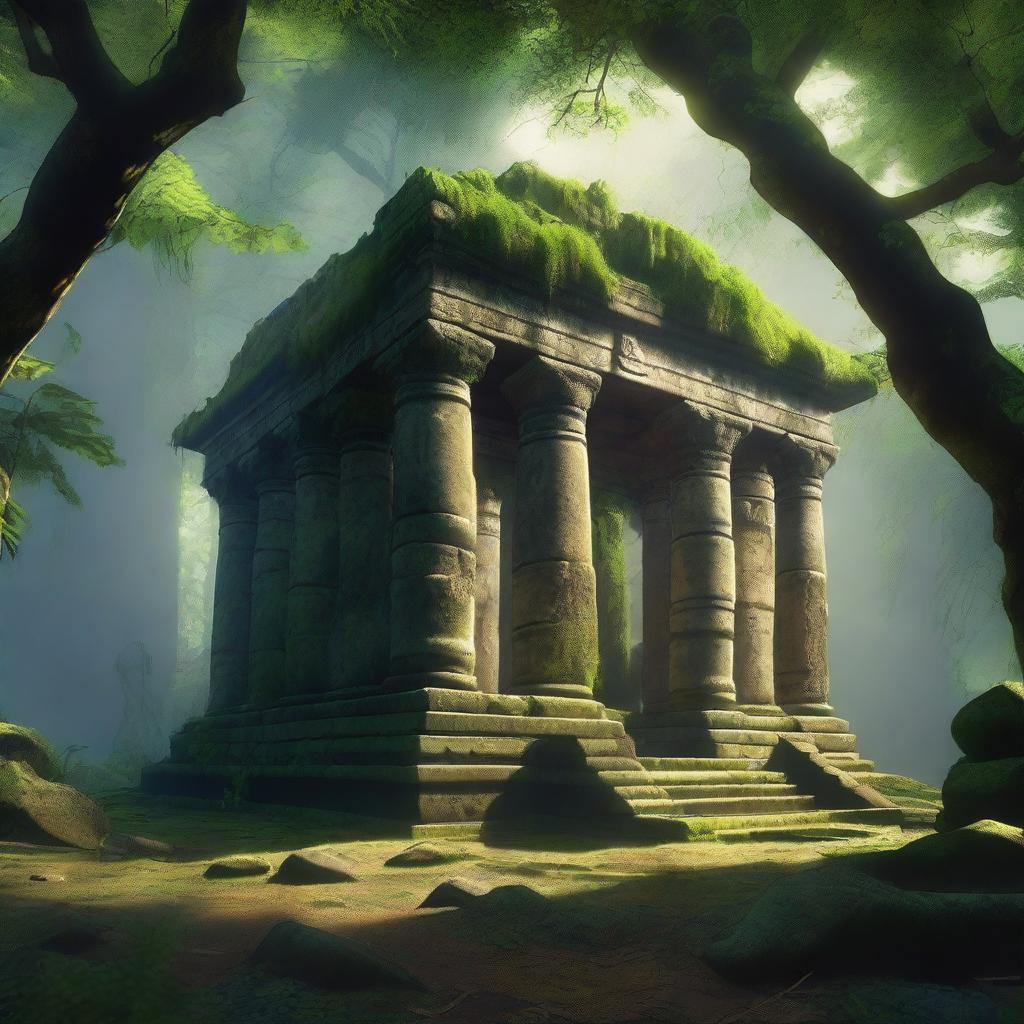 A huge ruined temple in the middle of a dense forest