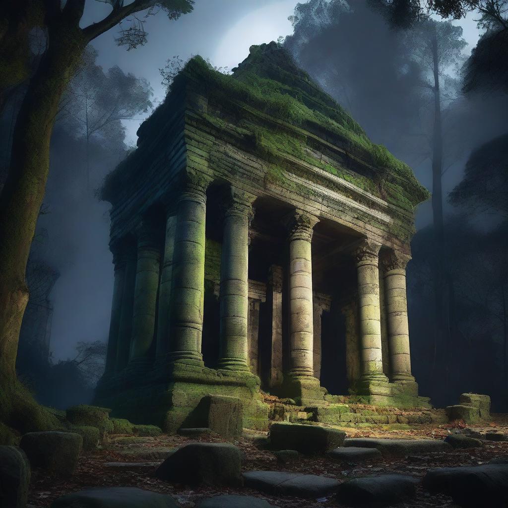 Ruins of a huge temple in the middle of a dense forest at night