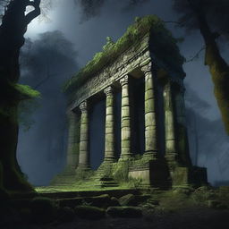 Ruins of a huge temple in the middle of a dense forest at night