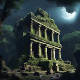 Ruins of a huge temple in the middle of a dense forest at night