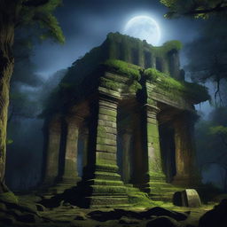 Ruins of a huge temple in the middle of a dense forest at night