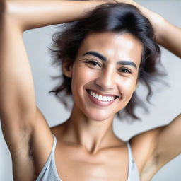 A confident woman showcasing her natural hairy armpits