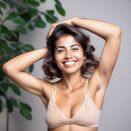 A confident woman showcasing her natural hairy armpits