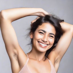 A confident woman showcasing her natural hairy armpits