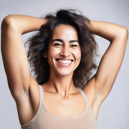 A confident woman showcasing her natural hairy armpits