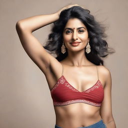 Create an image of an Indian actress with visible hairy armpits