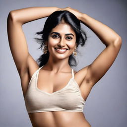 Create an image of an Indian actress with visible hairy armpits