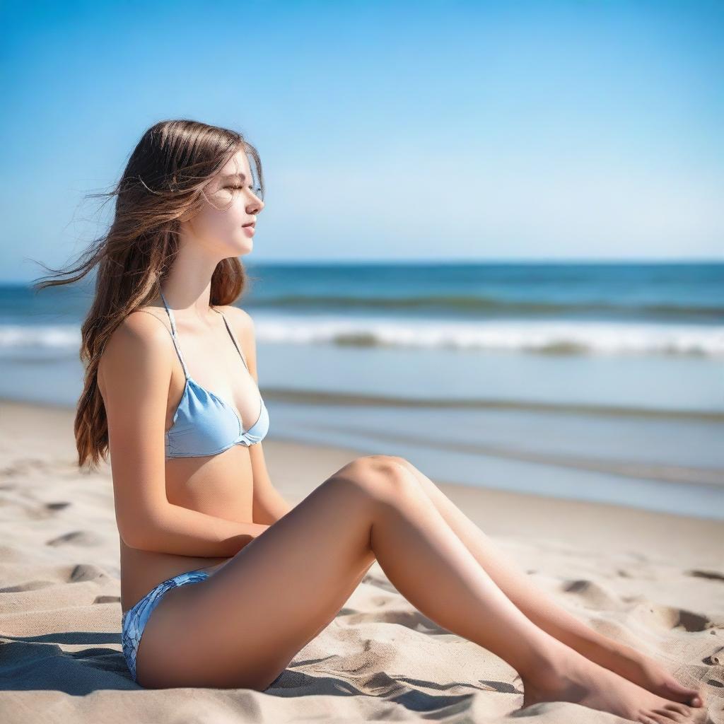 An 18-year-old girl is sitting near the sea, wearing a bikini