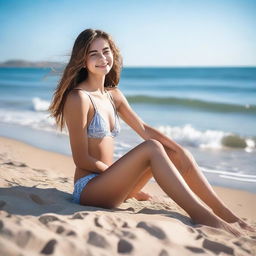 An 18-year-old girl is sitting near the sea, wearing a bikini