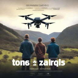 Design a movie poster featuring four people looking intently at a drone