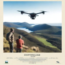 Design a movie poster featuring four people looking intently at a drone