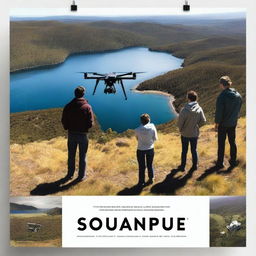 Design a movie poster featuring four people looking intently at a drone