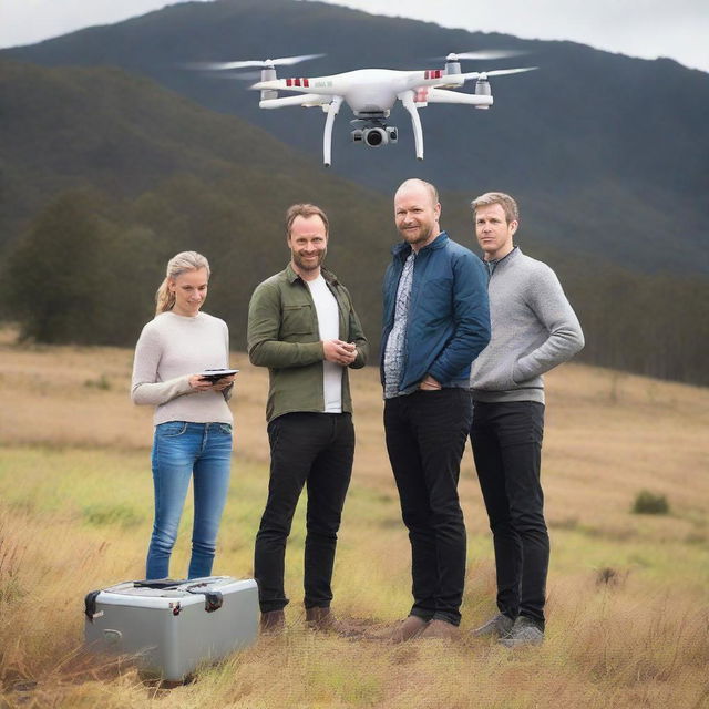 Create a movie poster showing four people looking at a drone behind the scenes