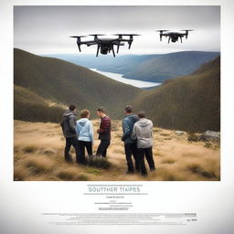 Create a movie poster showing four people looking at a drone behind the scenes