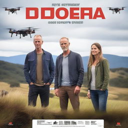 Create a movie poster showing four people looking at a drone behind the scenes